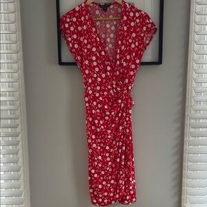 Maggy London Red Midi Summer Dress with White Floral & Leaf Pattern